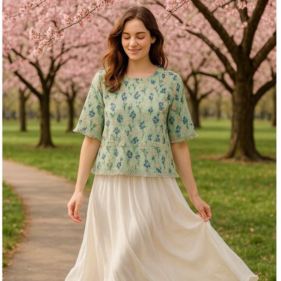 TUCKERNUCK Tapestry Floral Fringe Blouse Mint Green Sz XXS {3Y3} - Picture 1 of 5